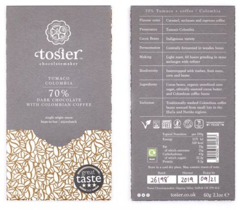 Tosier Chocolatemaker - Čokoláda s kolumbijskou kávou 70% kakao, Tumaco, Kolumbie, 60 g