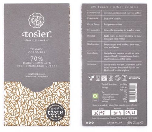 Tosier Chocolatemaker - Čokoláda s kolumbijskou kávou 70% kakao, Tumaco, Kolumbie, 60 g