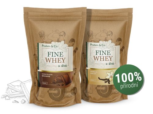 Protein&Co. FINE WHEY – přírodní protein slazený stévií 1+1 ZVOL PŘÍCHUŤ 1: Chocolate brownie, ZVOL PŘÍCHUŤ 2: Raspberry cream