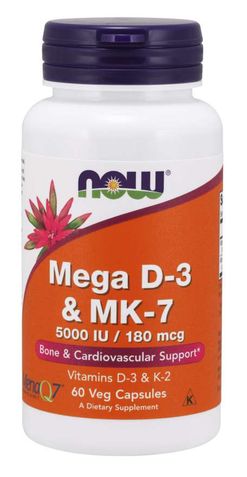 NOW® Foods NOW Mega D3 &amp; MK-7, Vitamín d3 5000 IU &amp; Vitamín K2 180 ug, 60 kapslí