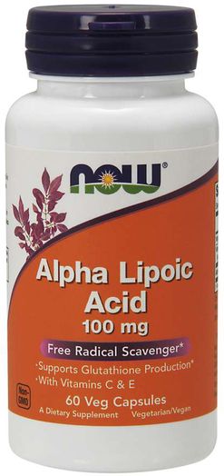 NOW® Foods NOW Alpha Lipoic Acid, Kyselina Alfa Lipoová s vitamínem C &amp; E, 100 mg, 60 rostlinných kapslí
