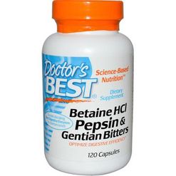 Doctor's Best Betaine HCl + Pepsin &amp; Gentian Bitters (hořec), 120 kapslí