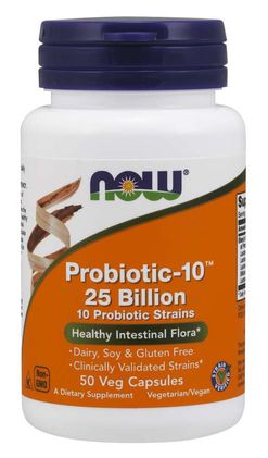 NOW® Foods NOW Probiotic-10, probiotika, 25 miliard CFU, 10 kmenů, 50 rostlinných kapslí