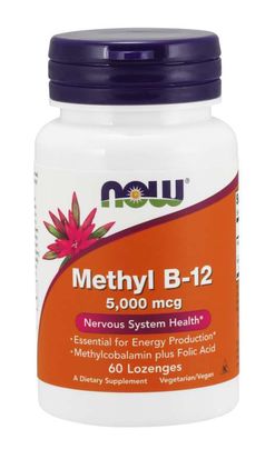 NOW® Foods NOW Methyl B-12 with Folic Acid (Vitamín B12 + Kyselina Listová), 5000 mcg, 60 pastilek