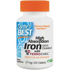 Doctor's Best Doctor’s Best High Absorption Iron (Ferrochel, bisglycinát zinečnatý), 27 mg, 120 tablet