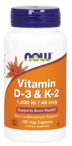 NOW® Foods NOW Vitamin D3 &amp; K2, 1000 IU / 45 ug, 120 rostlinných kapslí