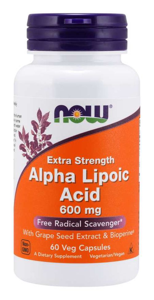 NOW® Foods NOW Alpha Lipoic Acid (Kyselina Alfa Lipoová) with Grape Seed Extract &amp; Bioperine, 600  mg, 60 rostlinných kapslí